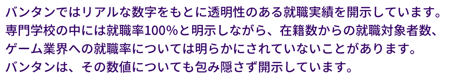 バンタンではリアルな数字をもとに透明性のある就職実績を開示しています。専門学校の中には就職率100%と明示しながら、在籍数からの就職対象者数、ゲーム業界への就職率については明らかにされていないことがあります。バンタンは、その数値についても包み隠さず開示しています。