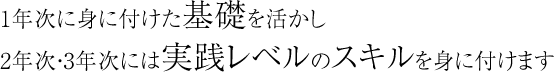 1年次に身に付けた基礎を活かし2年次・3年次には実践レベルのスキルを身に付けます