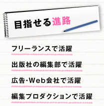 【目指せる進路】フリーランスで活躍、出版社の編集部で活躍、広告・Web会社で活躍、編集プロダクションで活躍