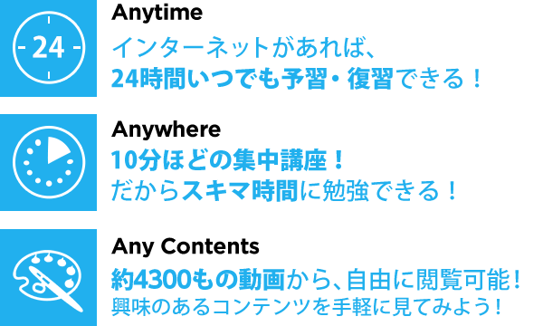 Anytime インターネットがあれば、24時間いつでも予習・復習できる！ Anywhere 10分ほどの集中講座！ だからスキマ時間に勉強できる！ Any Contents 約3500もの動画から、自由に閲覧可能！ 興味のあるコンテンツを手軽に見てみよう！